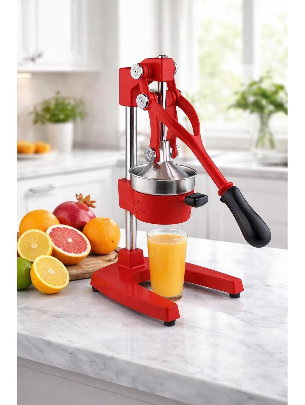 Manual Citrus Juicer PressHeavy Duty Commercial Grade Red Stainless Steel Bowl